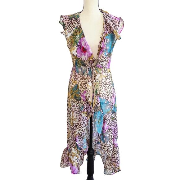 Live 4 Truth Leopard & Floral Print Sheer Swim Cover Up Ruffle Kimono Sz Medium - Picture 1 of 6